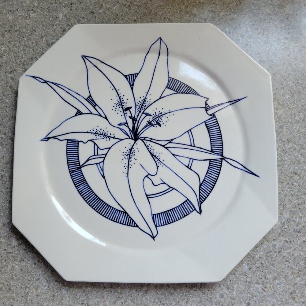 Octagon White Blue Hand Painted Lily Ceramic Benn Gallagher Studio Plate 11"